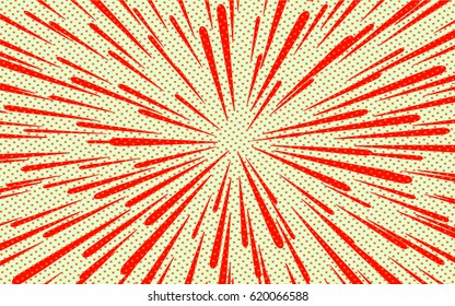 Abstract vector background. For comic book red radial lines. Manga speed frame. Superhero action. Explosion stamp illustration. Sun rays or star burst