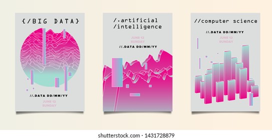 Abstract vector background for Computer Analytics subject: statistical analysis, data mining and machine learning. Vaporwave/ synthwave retrofuturistic neon 80s-90s aesthetics style poster set.