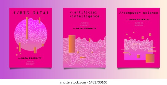 Abstract vector background for Computer Analytics subject: statistical analysis, data mining and machine learning. Vaporwave/ synthwave retrofuturistic neon 80s-90s aesthetics style poster set.