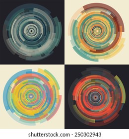 Abstract Vector Background In Concentric Uniformly Decreasing Circular Elements. Set Of Four Colored Futuristic Wallpapers. Spiral Techno Pattern Can Be Used For Musical Objects.