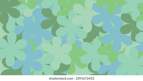 Abstract vector background consisting of a dense pattern of stylized flower shapes in various shades of blue and green. The repetition and overlay of these floral elements create 