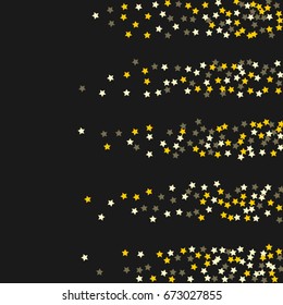 Abstract vector background consisting of stripes with confetti stars. Vintage template with gold stars on a black background. Celebration, retro style.