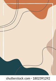 Abstract vector background. Contains unusual colored shapes, tropical leaves, curved lines and warm colors. Suitable for social media stories and creative posts. Template for text and images.
