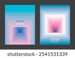 Abstract vector background cover design with a gradient staircase effect, creating a sense of depth and infinite layers. Vibrant blend of blue pink and purple hues, futuristic and dimensional look.