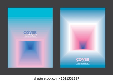 Abstract vector background cover design with a gradient staircase effect, creating a sense of depth and infinite layers. Vibrant blend of blue pink and purple hues, futuristic and dimensional look.