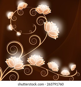 Abstract Vector Background with Curly Branches and Shiny Flowers.