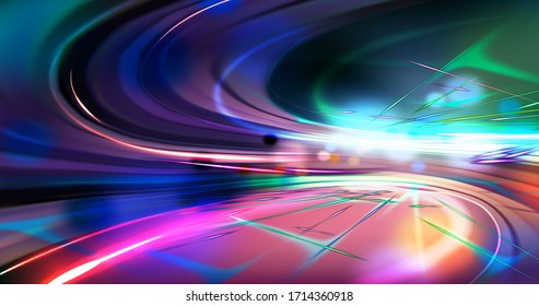 Abstract vector background in cyberpunk style. Space with neon blurry luminous elements. Bright rays of light in a dark environment. Futuristic lights, laser.