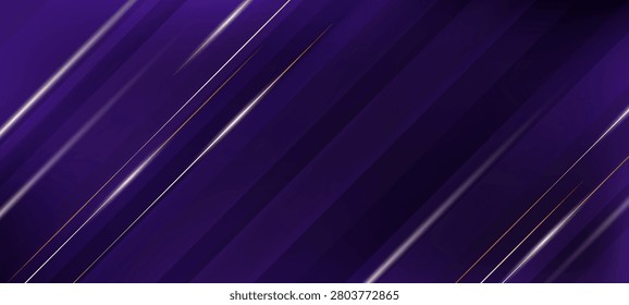 Abstract vector background with Dagonal glowing neon lines on dark purple backdrop. Futuristic high tech graphic with bright metallic stripes for corporate website banners, technology presentation templates, luxury business covers, cyber security posters, and modern flyers.