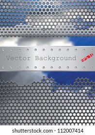 abstract vector background with damaged perforated metal plate and sky