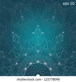 Abstract vector background decorated with stars. Delicate filigree floral pattern. Damask ornament creates a luminous lace.