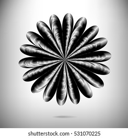 Abstract vector background with decorative stylized floral shape of black and white concentric stripes.