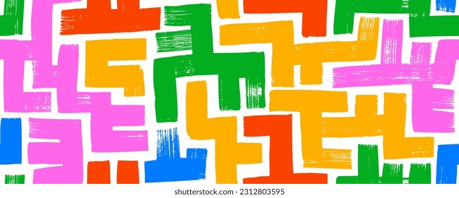 Abstract vector background design with maze mosaic texture. Mulri colored bold brush strokes seamless pattern. Intricate labyrinth ornament. Abstract geometric decorative background. Grunge scribbles.