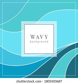 Abstract vector background design template banner or card with blue water wavy sea pattern and frame for text. Trendy illustration liquid waves shape sea, river, lake or ocean. Modern identity. 