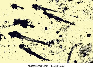Abstract vector background for design use. Chinese ink mark. Black brush strokes. Freehand drawing. Vector illustration. Splashing ink. Isolated on yellow color background.