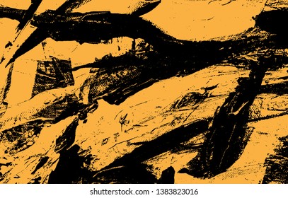 Abstract vector background for design use. Splashing ink mark. Black brush stroke textures. Freehand drawing. Isolated on deep yellow color background.Vector illustration.
