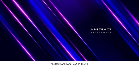 Fondo de Vector Abstractas con líneas de neón brillantes diagonales en tonos púrpura y azul sobre un fondo oscuro. Perfecto para el diseño de Sitios web, Plantillas de portada y fondos de presentación modernos.