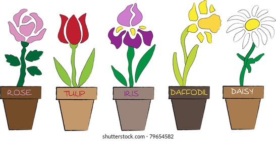 abstract vector background with different flowers in flower pots, creative computer design