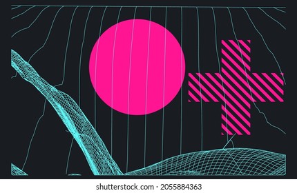 Abstract vector background with distorted wireframe grid.