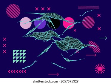 Abstract vector background with distorted wireframe grid.