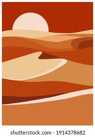 Abstract vector background with dramatic desert dunes and sunset. Soft sandy tones, rich ochre red and terracotta.