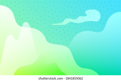 Abstract vector background with dynamic liquid shapes Mountains and clouds on bright gradient backdrop with dots