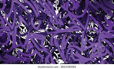 Abstract vector background with dynamic purple and black graffiti wildstyle shapes, calligraffiti patterns, and halftone texture. Ideal for car wraps, esports jerseys, urban apparel, decals, and street art graphics.