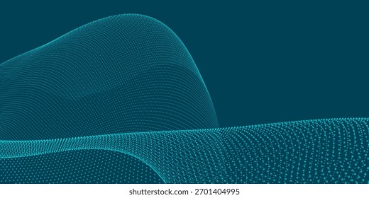 Vetor de fundo abstrato com uma onda dinâmica. Fluxos de pontos brilhantes formam ondas suaves contra um fundo claro. A luz irradiante cria uma sensação de profundidade e elegância. Onda de pontos 3D futurista.