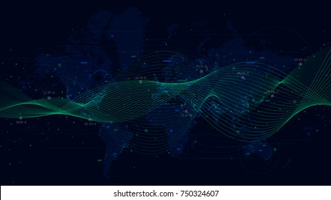 Abstract Vector Background With Dynamic Waves, Big Data Visualization With A World Map