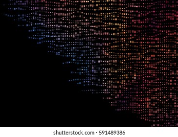 Abstract vector background element. Stripes of color square dots on black. Corner composition.