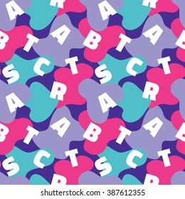 Abstract vector background in fashion retro style. Geometric seamless pattern with typography letters for fabric, print and website.