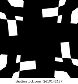 Abstract vector background featuring a central black square surrounded by distorted, curved white and black rectangular shapes, creating a dynamic, high contrast, warped, and modern composition.