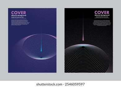 Abstract vector background featuring concentric circles lines with gradient colors. A long tail droplet is rushing into a small pit. For cover, poster, digital art. Minimalist style 