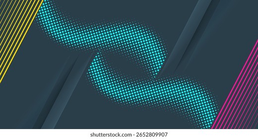 Abstract vector background featuring cyan halftone wave with diagonal yellow and magenta stripes on dark blue. Ideal for digital, tech, or modern graphic design projects.
