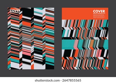 Vetor de fundo abstrato com faixas multicoloridas densas em sequências angulares. O layout estruturado sugere ritmo, camadas de dados e sistemas digitais modernos. Para capas, design técnico, apresentação