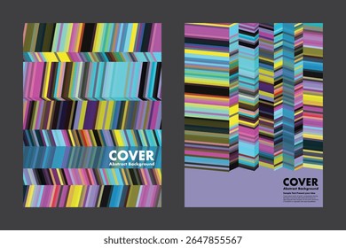 Vetor de fundo abstrato com faixas multicoloridas densas em sequências angulares. O layout estruturado sugere ritmo, camadas de dados e sistemas digitais modernos. Para capas, design técnico, apresentação
