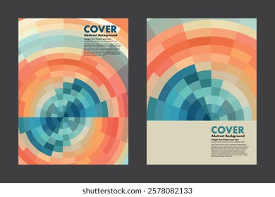 Abstract vector background featuring dynamic circular geometric patterns in blue, orange, and beige tones. Ideal for cover designs, digital artwork, presentation. High quality and fully scalable.