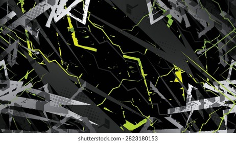 Abstract vector background featuring dynamic lime green lightning shapes, dark grey geometric stripes, halftone dots, and grunge texture. Ideal for car wraps, racing livery, esports jerseys, decals, and gaming graphics.