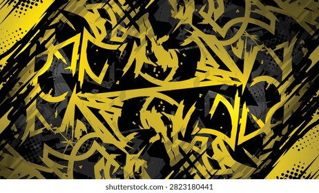 Abstract vector background featuring dynamic yellow and black graffiti wildstyle tags, halftone dots, and grunge textures. Perfect for car wraps, racing livery, esports jerseys, decals, and street art graphics.