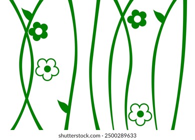 An abstract vector background featuring elements of nature. The design showcases delicate green lines resembling grass stems, gracefully intersecting to create a harmonious structure. Green flowers ad