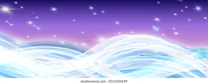 Abstract vector background featuring glowing waves and a starry night sky, ideal for futuristic, sci-fi, or dreamy designs, adding a touch of mystique and energy to any creative project.