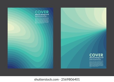 Abstract vector background featuring modern design with gradient curves lines radiating outward in smoothing shades of blue and green. For cover poster, digital media. Easy to customize.