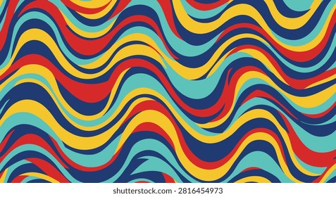 Abstract vector background featuring vibrant wavy flowing lines in navy blue, red, yellow, and turquoise colors. Sinuous psychedelic pattern with retro aesthetic and bold rhythmic curves.