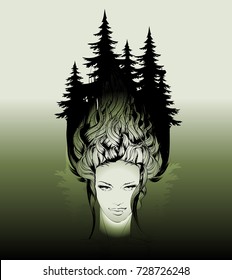 Abstract vector background with a female face and hair with a growing pine forest. Travel and symbol of the dreamer. Natural open spaces .