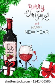 Abstract vector background with fir branches, Christmas ball, fir cones, gifts, a bottle of wine and a glass.Christmas background for your design.