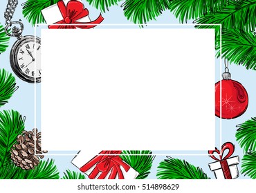 Abstract vector background with fir branches, Christmas ball, pocket watches, fir cones and gifts. Christmas background for your design.