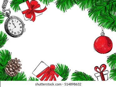 Abstract vector background with fir branches, Christmas ball, pocket watches, fir cones and gifts. Christmas background for your design.