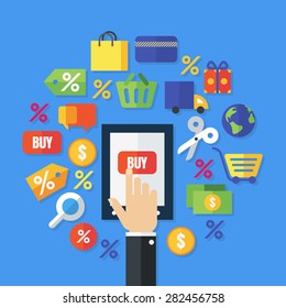 Abstract vector background. Flat icons and symbols. Design concept for online shopping, e-commerce, store, customer service, delivery. 