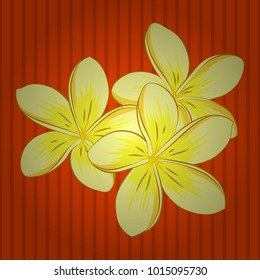 Abstract vector background. Floral seamless pattern with blooming plumeria flowers and leaves in yellow and orange colors. Stylish wallpaper with plumeria flowers.