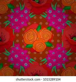 Abstract vector background. Floral seamless pattern with blooming rose flowers and green leaves in magenta, orange and red colors. Stylish wallpaper with rose flowers and green leaves.