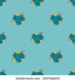 Abstract vector background. Floral seamless pattern with blooming rose flowers and leaves in brown and blue colors. Stylish wallpaper with rose flowers and leaves.